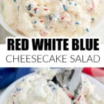 Bowl of red white and blue cheesecake salad.