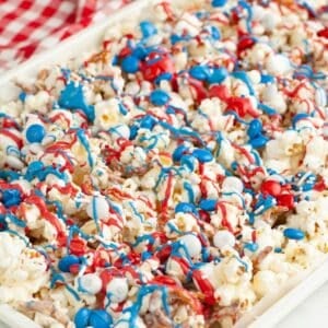 Pan with red white and blue popcorn snack mix.