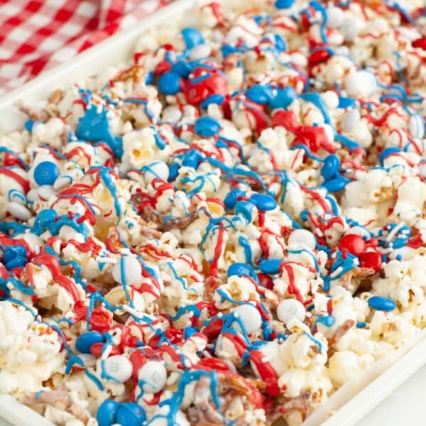 Pan with red white and blue popcorn snack mix.