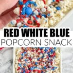 Hand holding a piece of red white and blue popcorn snack mix.
