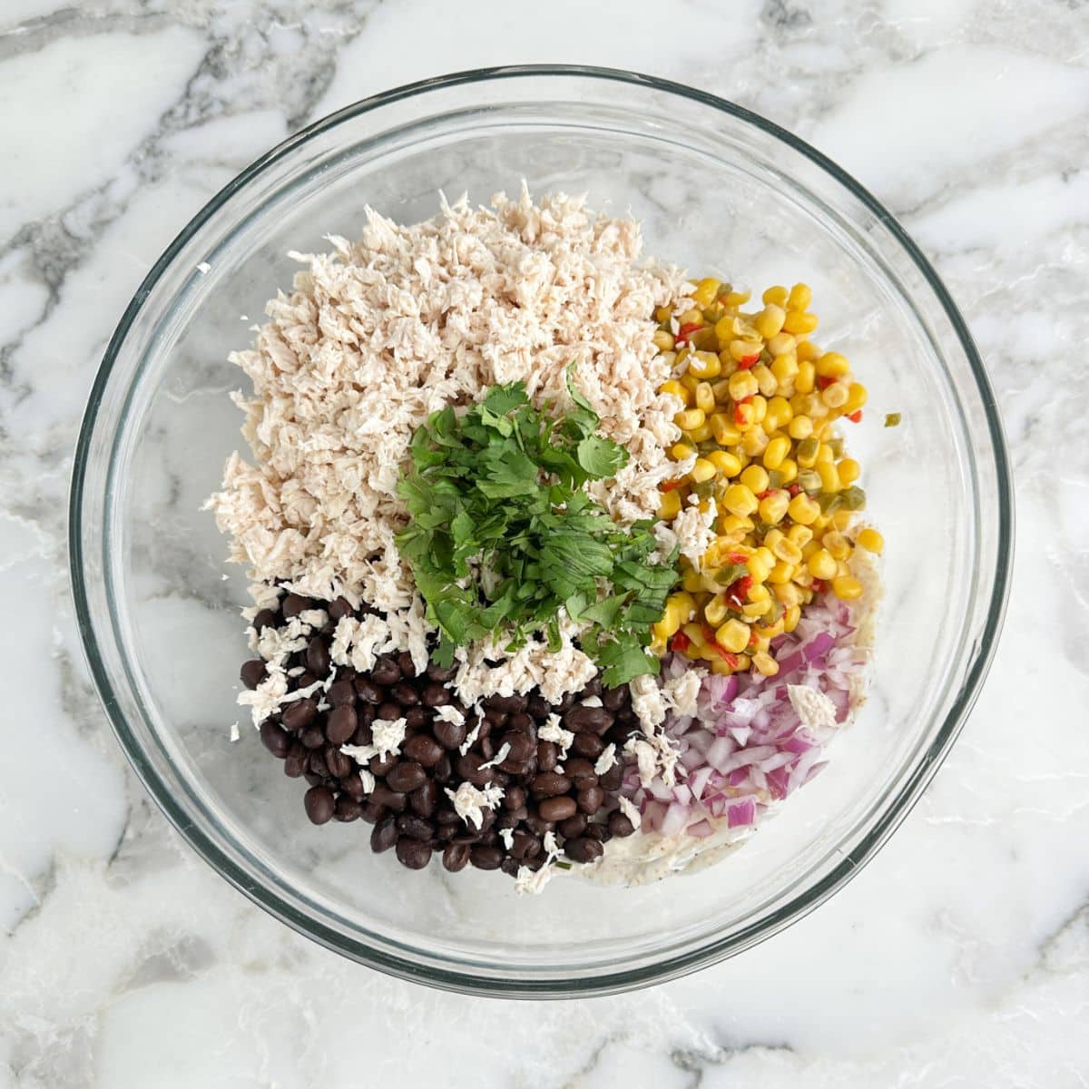 Bowl of chicken, black beans, corn, red onions, and cilantro.