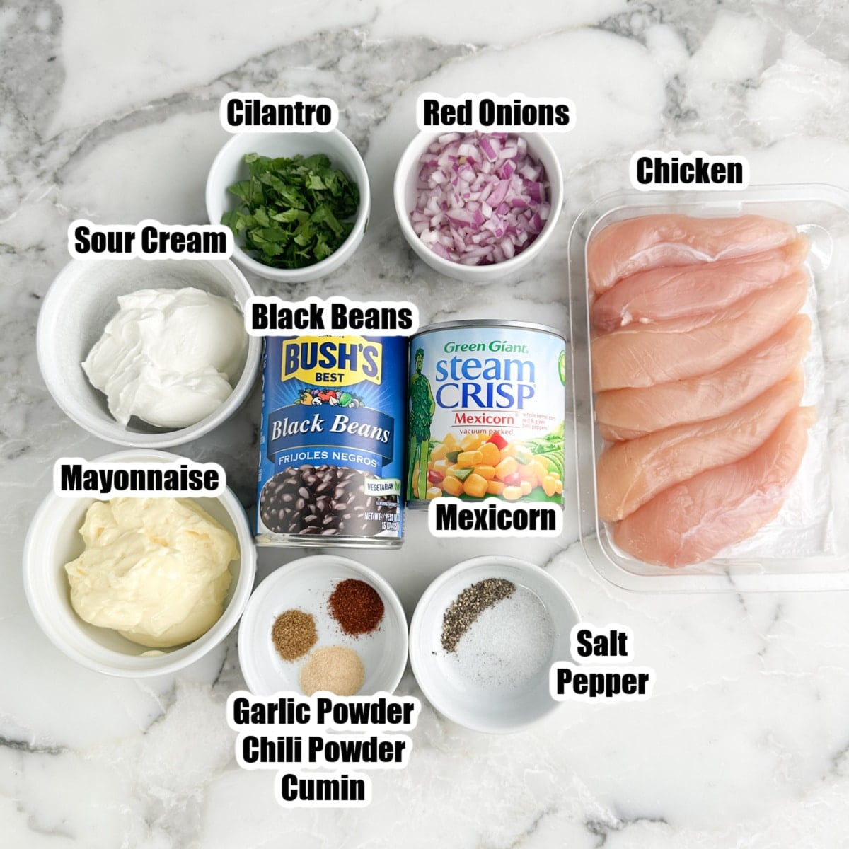 Chicken tenders, black beans, Mexicorn, sour cream, mayonnaise, red onions, cilantro, bowl of seasonings.