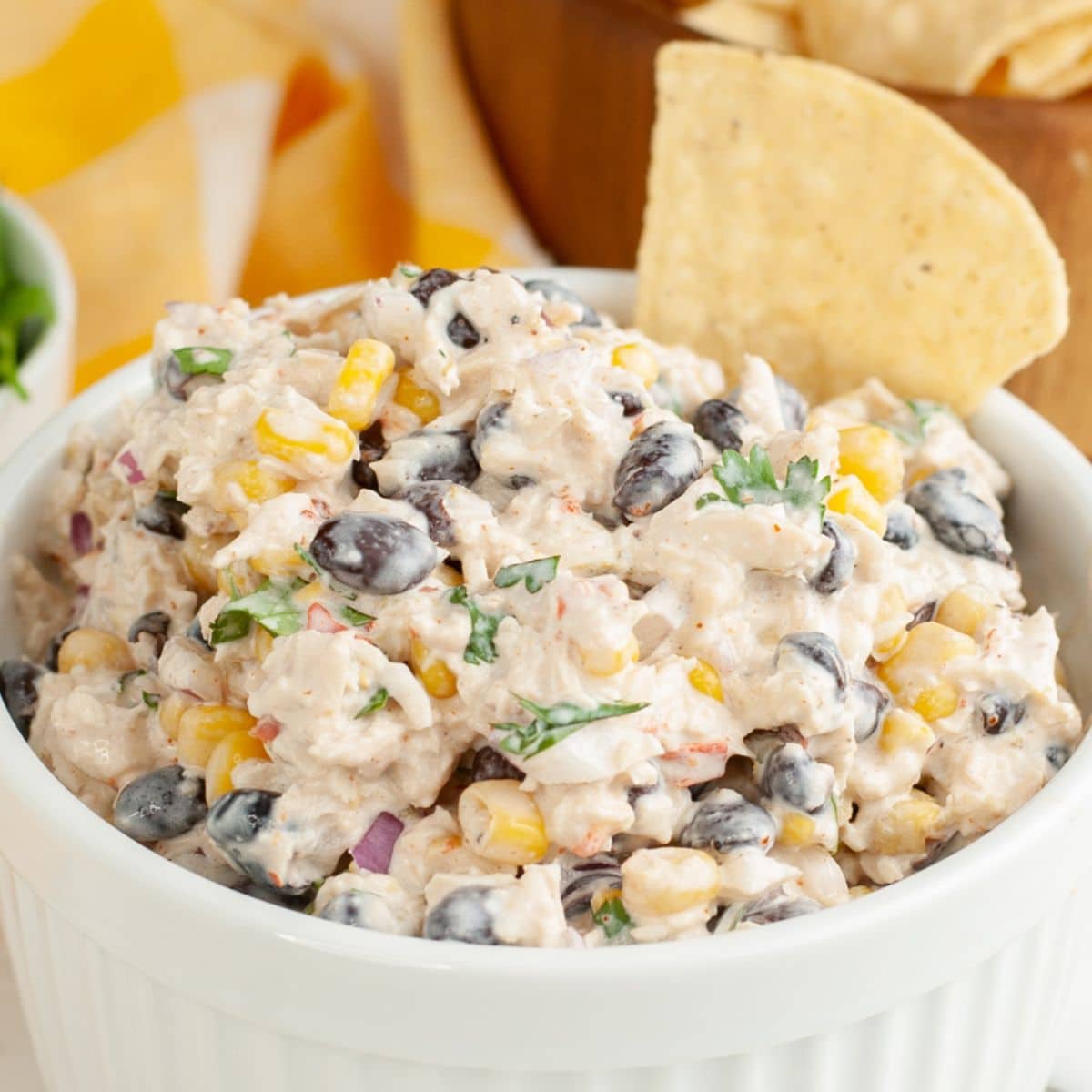 Bowl of Southwest chicken salad with a tortilla chip.