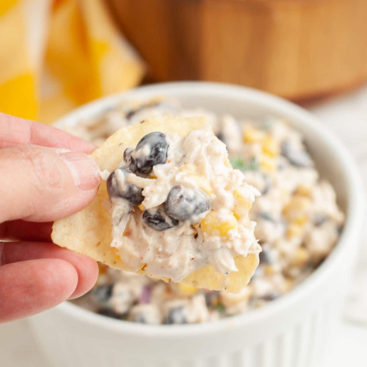 Tortilla chip topped with southwest chicken salad.