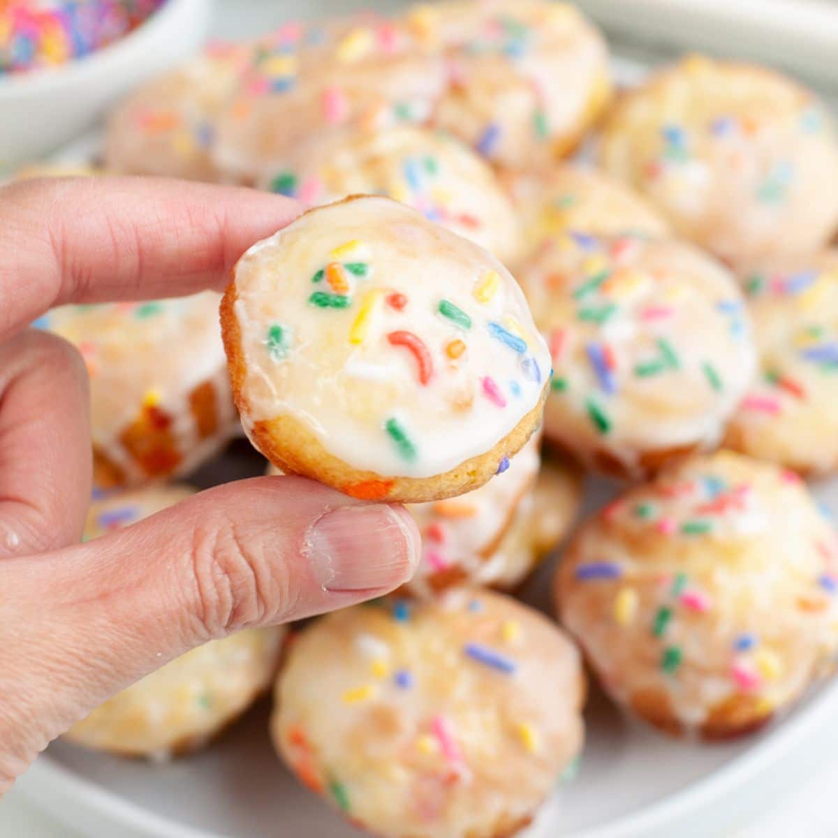 Hand holding a sprinkle blossom cake.