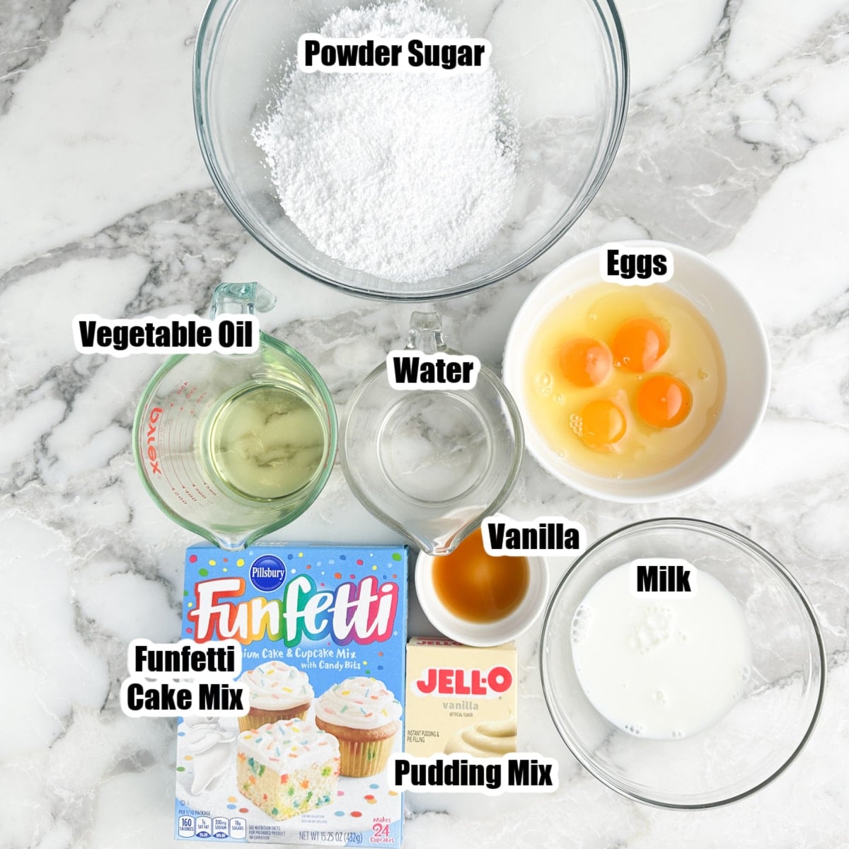 Bowl of powdered sugar, milk, eggs, oil, water, pudding mix, Funfetti cake mix.