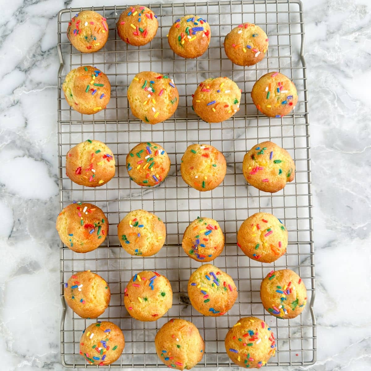 Cooling rack with mini Funfetti cakes.