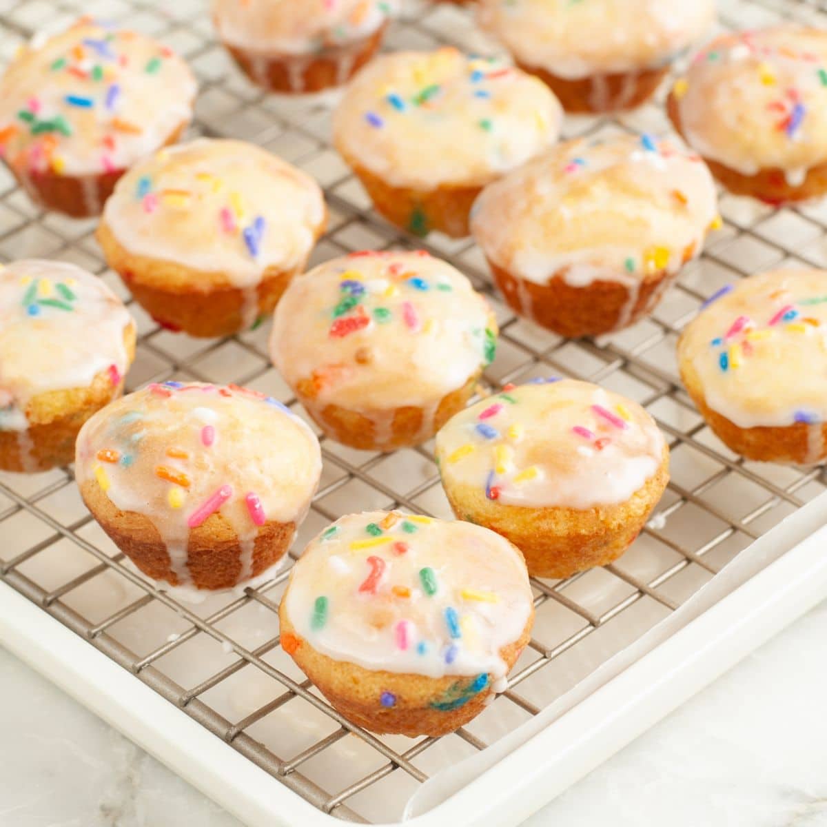 Cooling rack with mini sprinkle cakes.