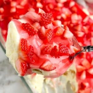Spoon with pudding topped with diced strawberries.