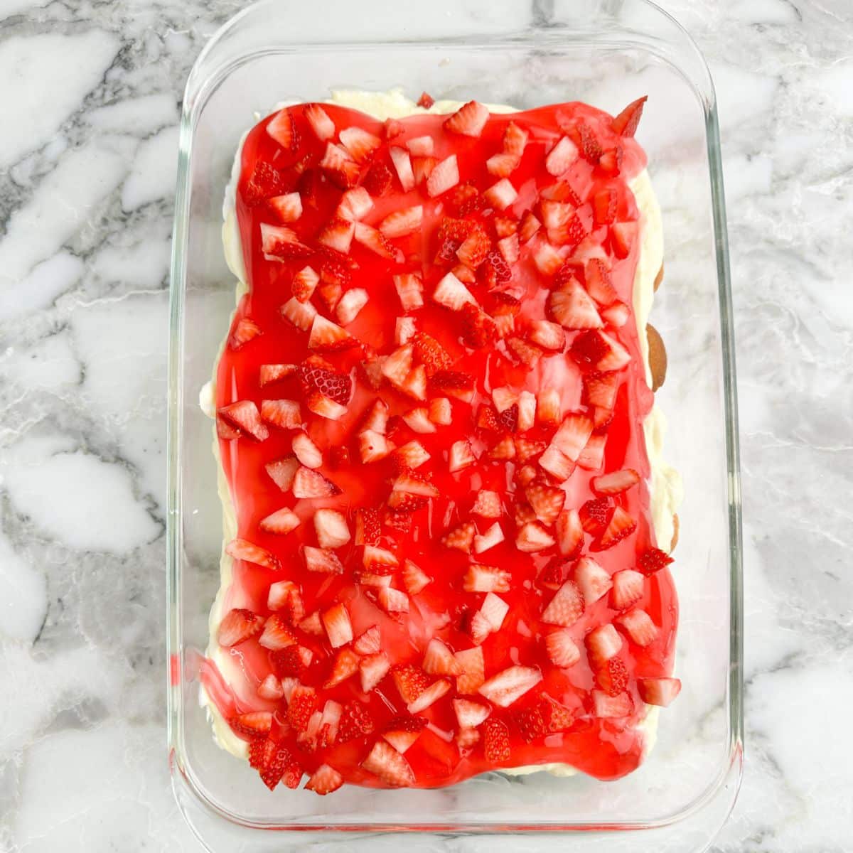 Strawberry pudding dessert in a baking dish. 