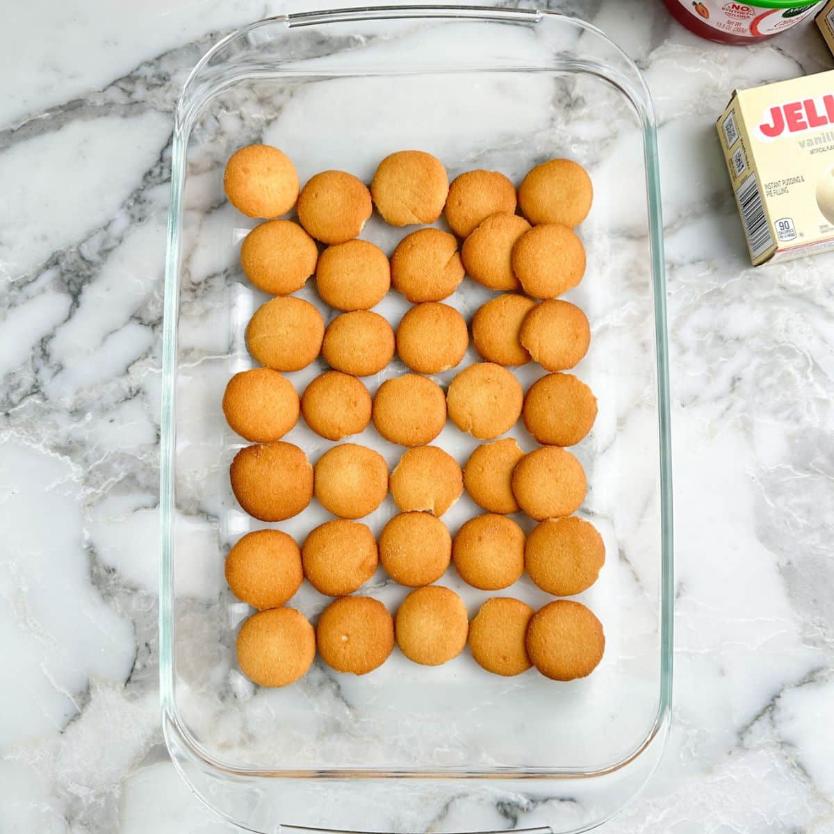 Nilla wafers in a baking dish. 