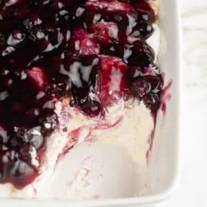 Blueberries in the snow dessert in a baking dish.