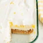 Lemon lush dessert in a baking dish.