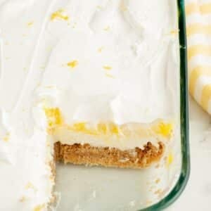Lemon lush dessert in a baking dish.