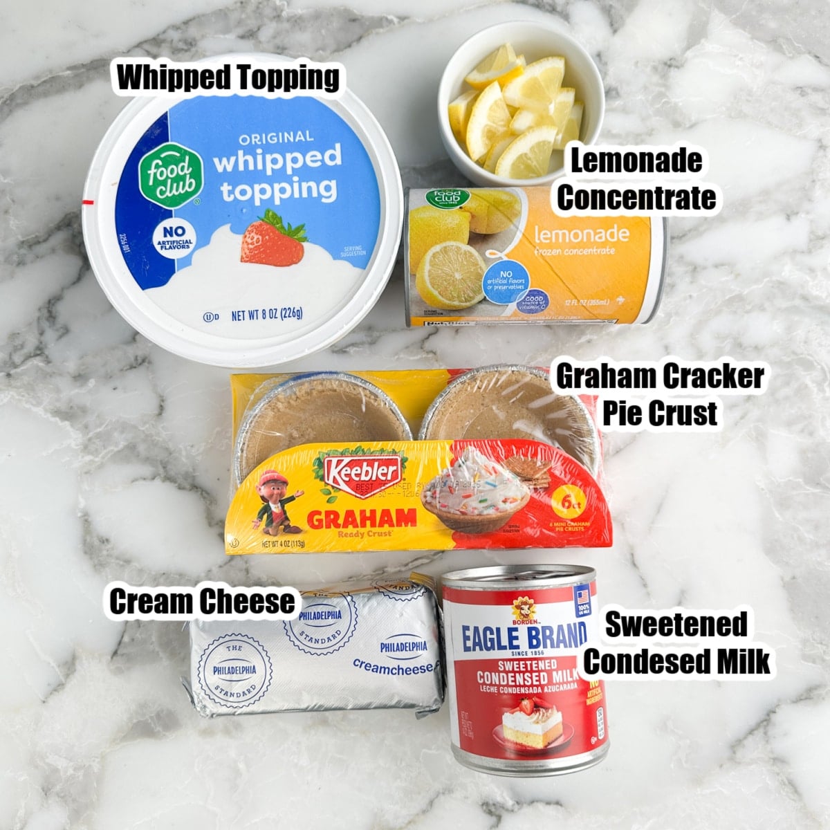Whipped topping, cream cheese, lemonade concentrate, evaporated milk, and graham cracker crust.