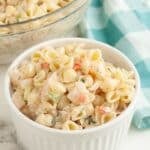 Bowl of shrimp pasta salad.