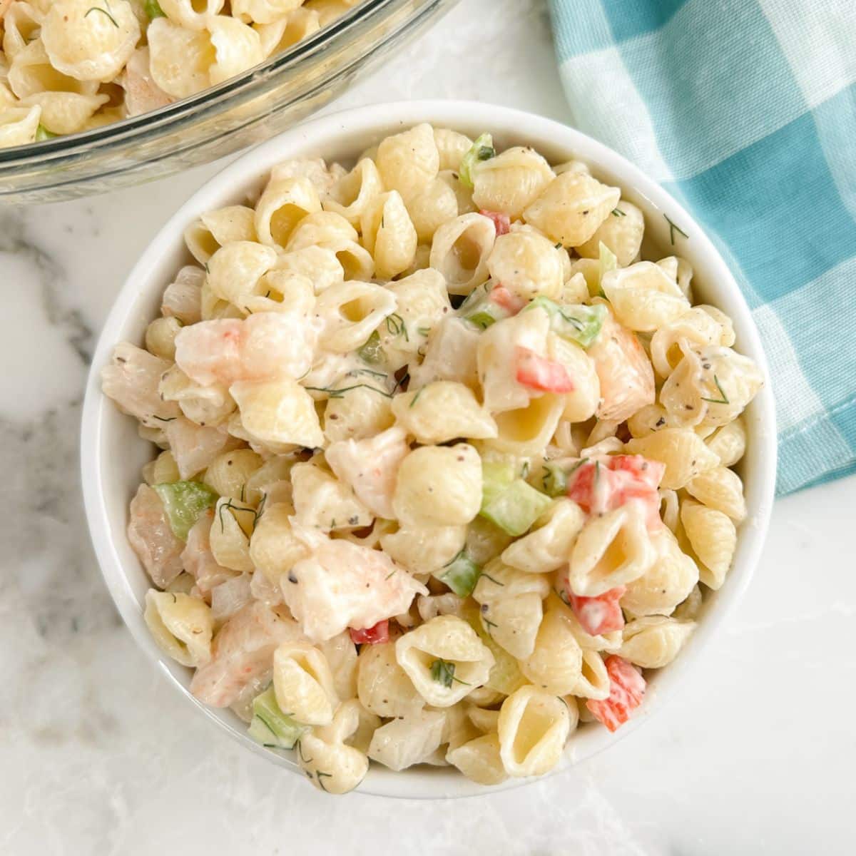 Bowl of shrimp pasta salad. 