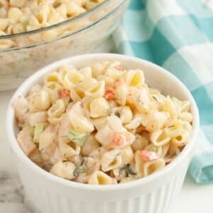 Bowl of shrimp pasta salad.
