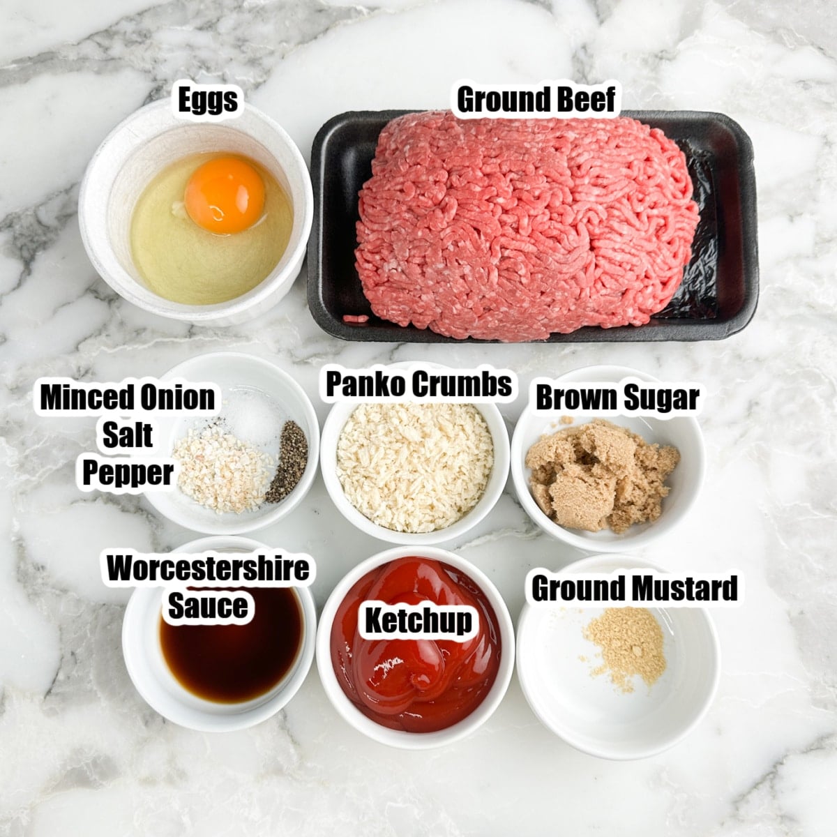 Ground beef, egg, seasonings, ketchup, brown sugar, Worcestershire, and Panko crumbs.