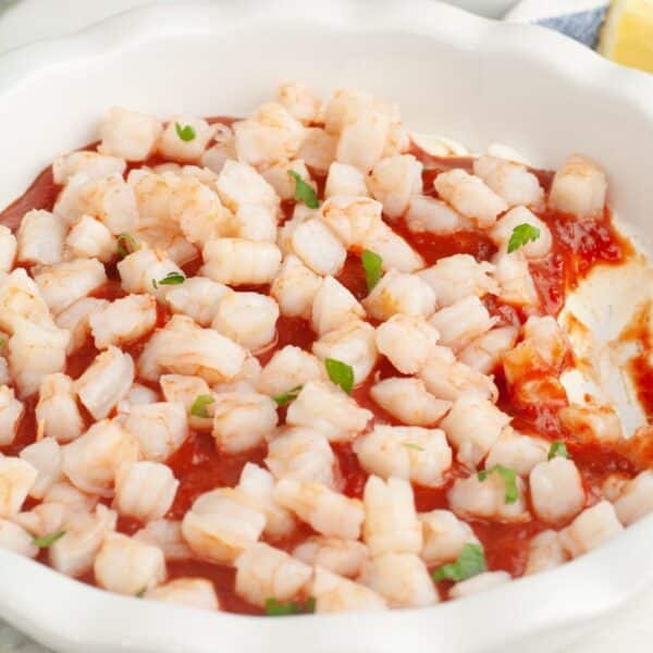 Baking dish with shrimp cream cheese dip.