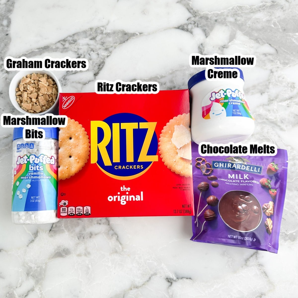 Box of Ritz crackers, marshmallow creme, chocolate melts, crushed graham crackers, and marshmallow bits.