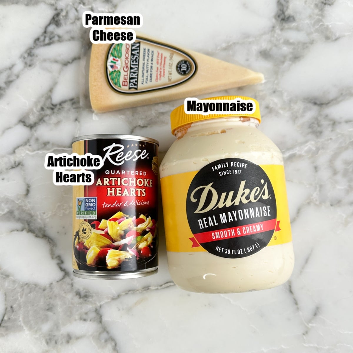 Mayonnaise, can of artichoke hearts, and parmesan cheese.