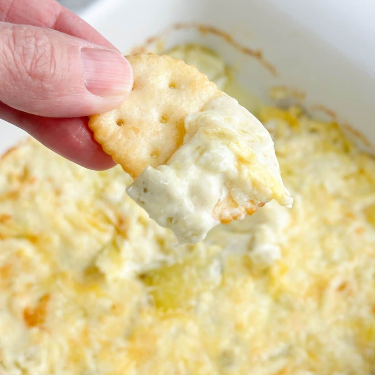 Cracker with three ingredient artichoke dip.