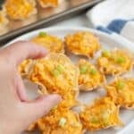 Hand holding a buffalo chicken dip bite.
