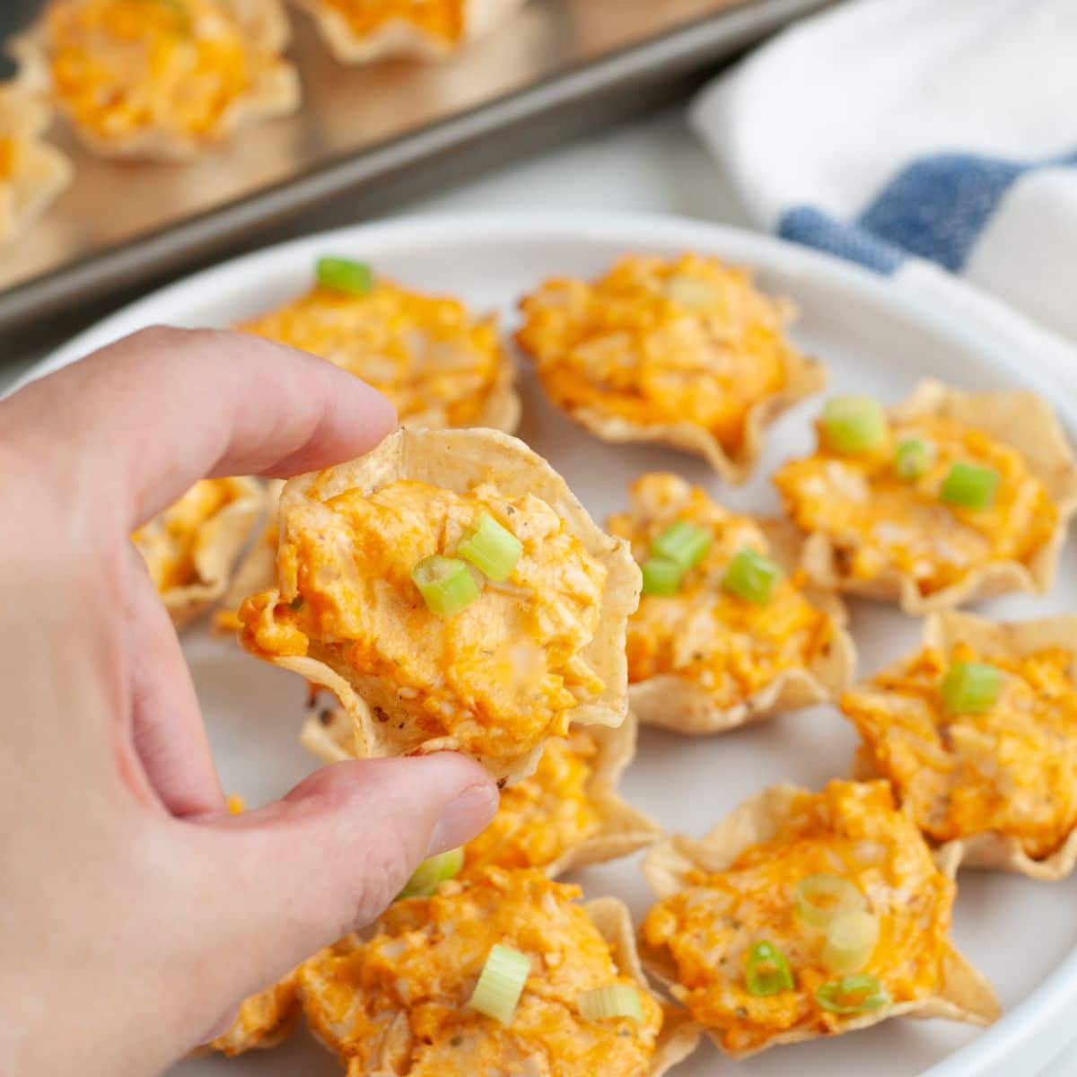 Hand holding a buffalo chicken dip bite.