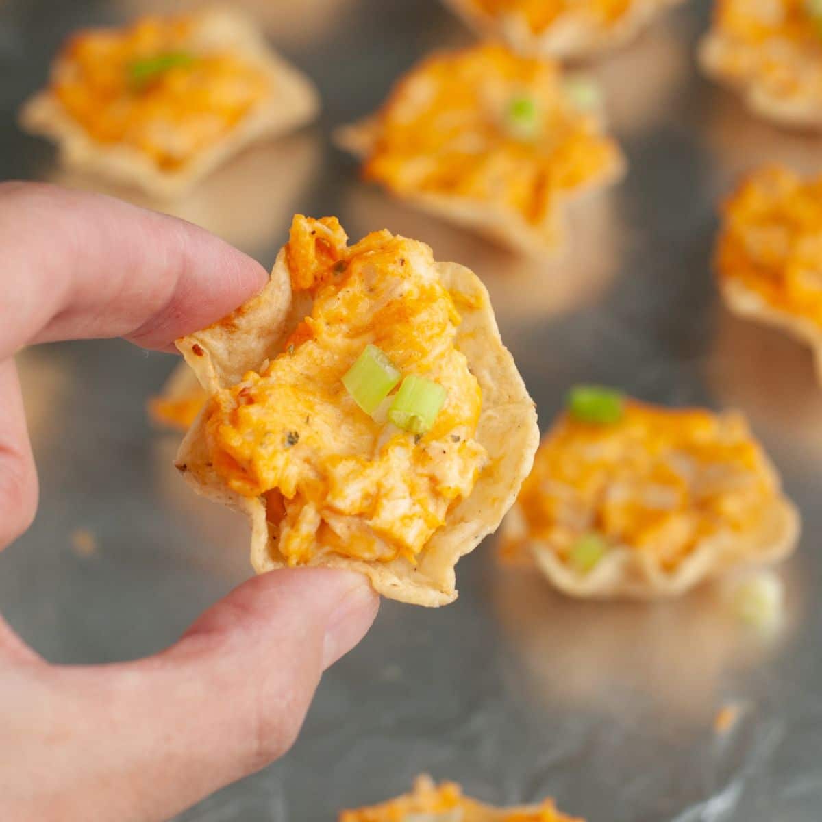Hand holding a buffalo chicken dip bite.