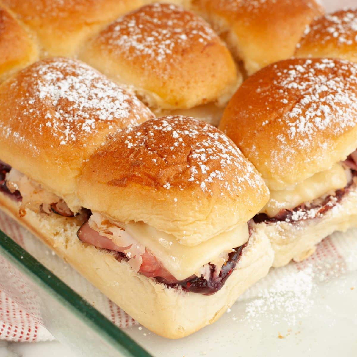 Baking dish with Monte Cristo sliders.