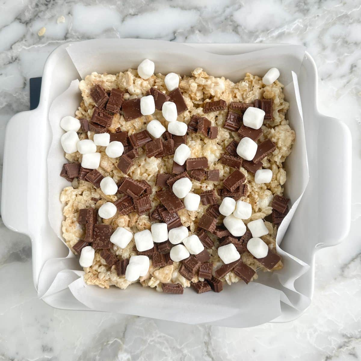 Baking dish with s'mores rice krispies treats.