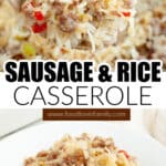 Spoon and plate of sausage and rice casserole