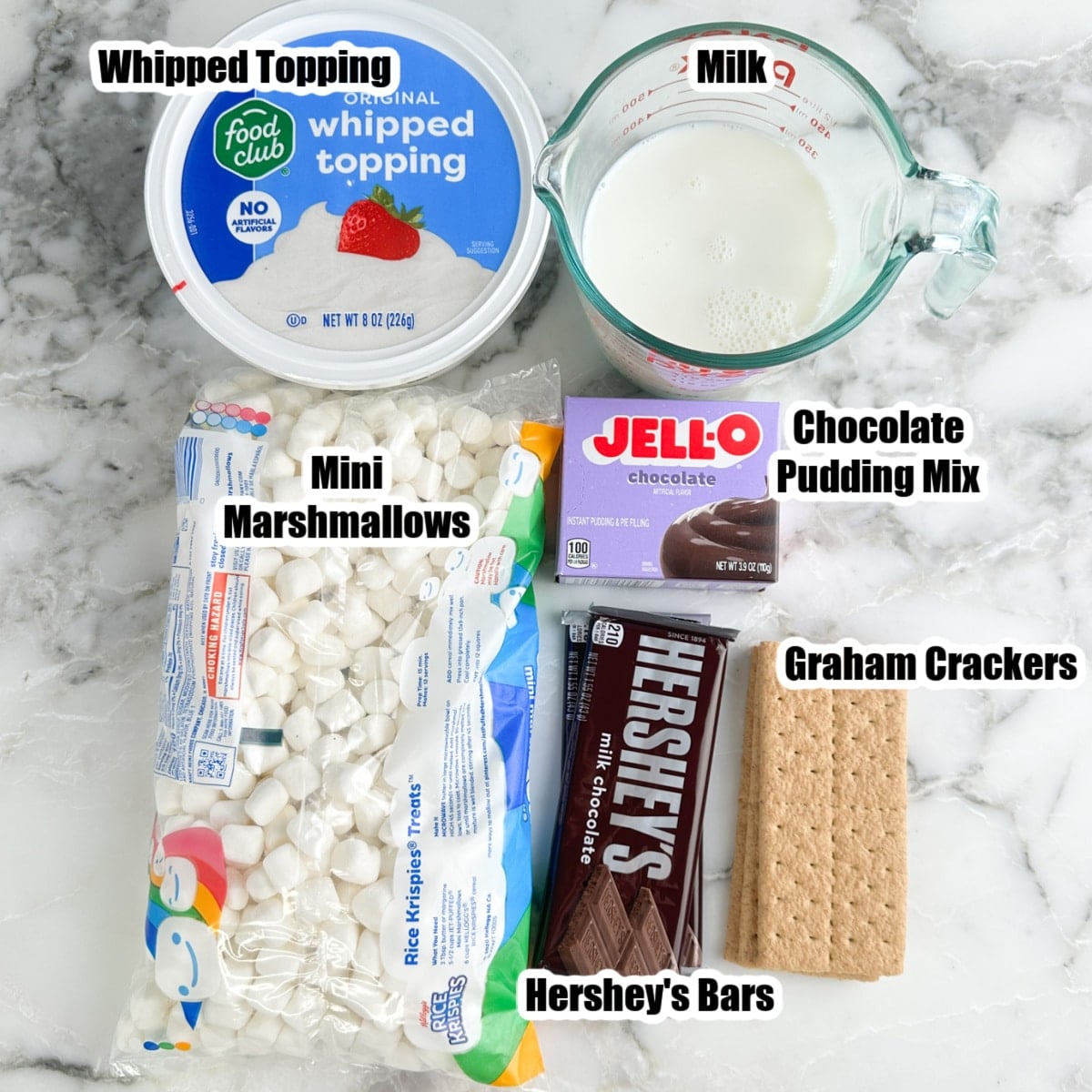 Whipped Topping, milk, mini marshmallows, chocolate pudding mix, Hershey's bars, graham crackers.