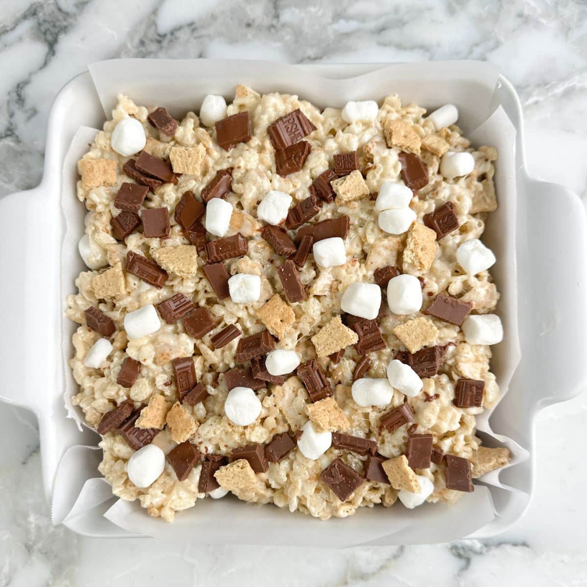 Baking dish with smores rice krispies treat.