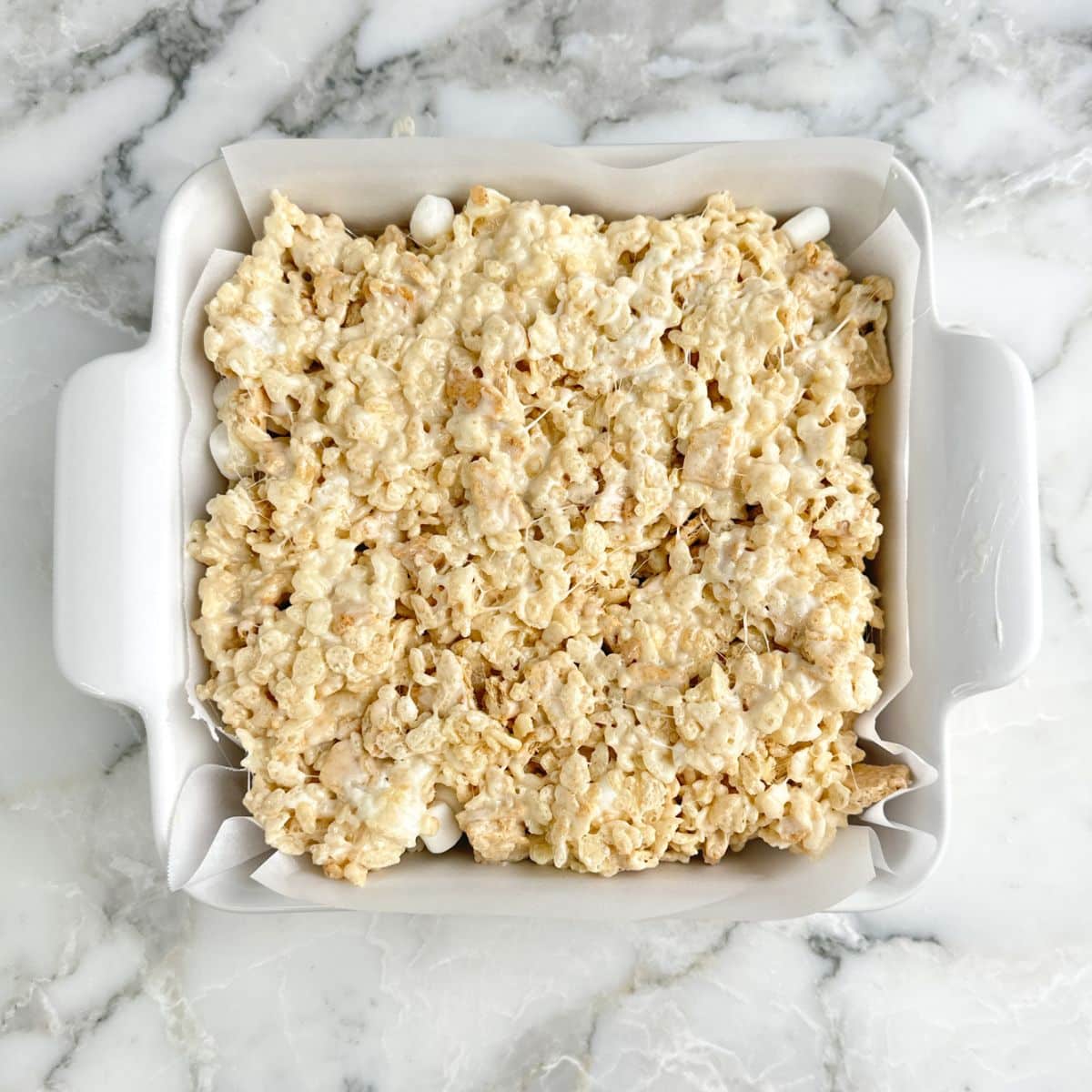 Baking dish with smores rice krispies treats.