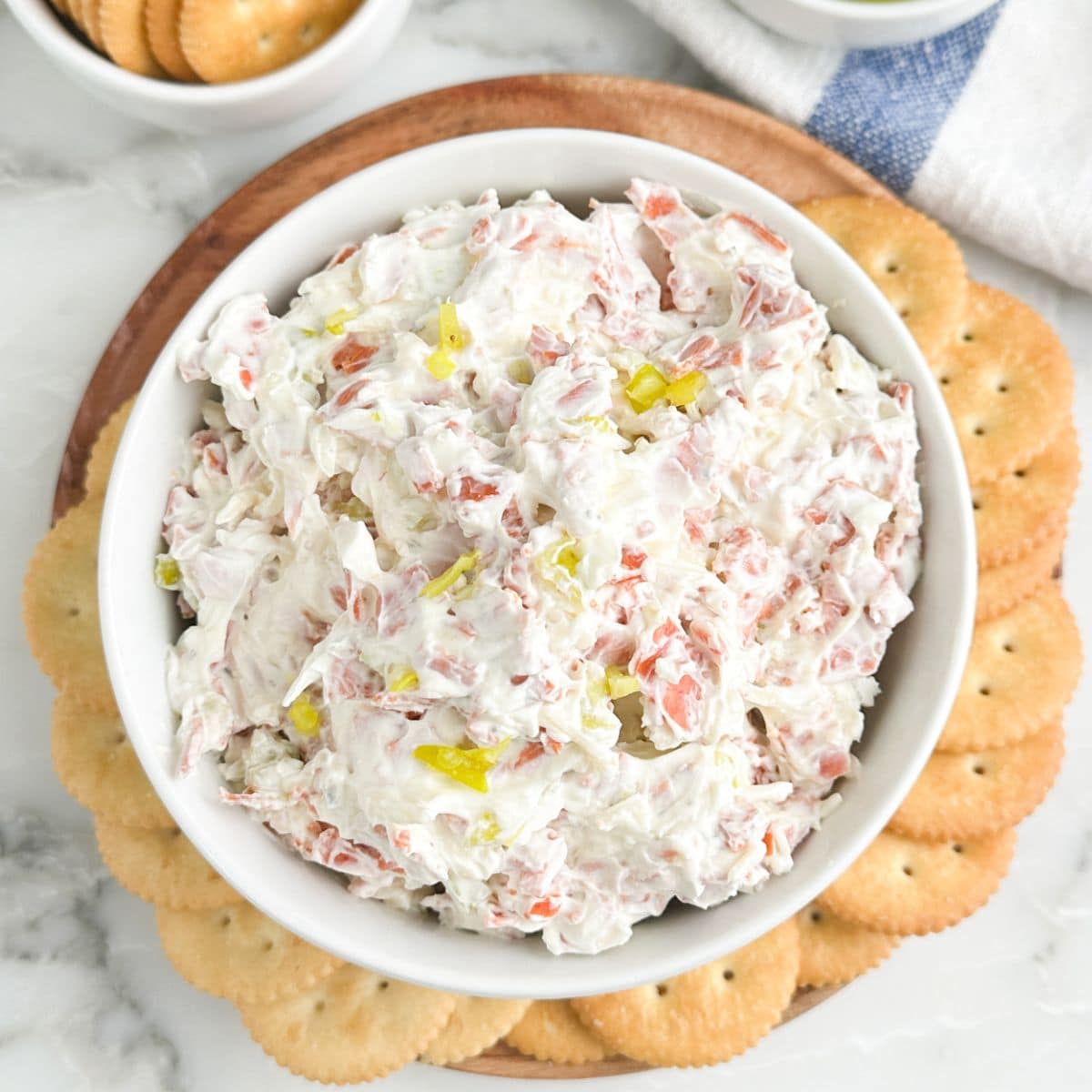 Bowl of cream cheese pepperoni dip. 