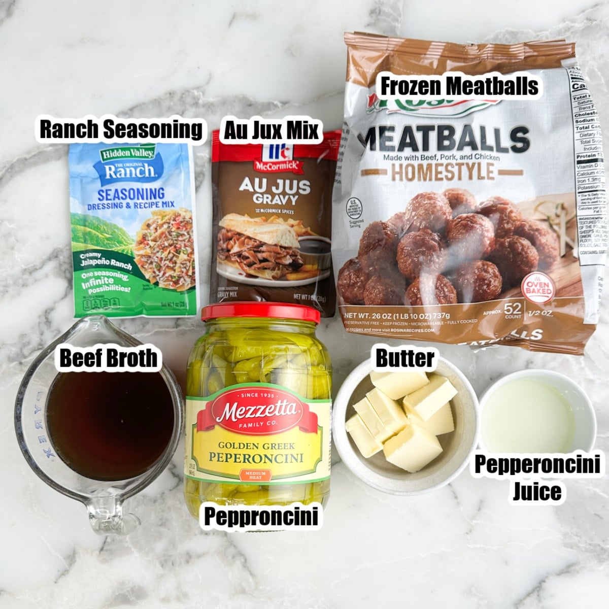 Frozen meatballs, broth, au jus mix, ranch seasonings, butter, pepperoncinis, and pepperoncini juice.