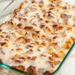 Casserole dish with orange roll casserole.