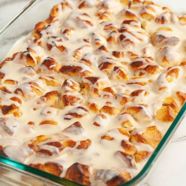 Casserole dish with orange roll casserole.