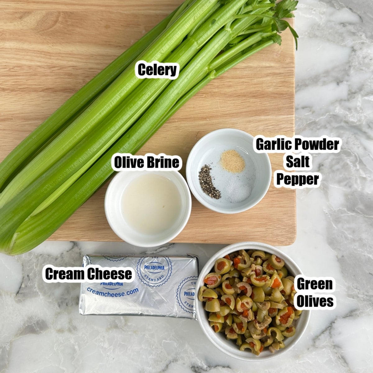 Celery, chopped green olives, cream cheese, olive brine, and seasonings. 