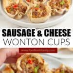 Plate with sausage and cheese wonton cups.